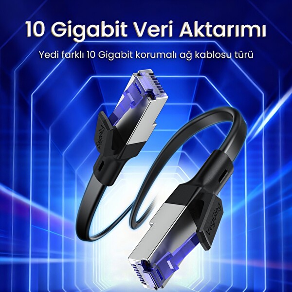 VegGieg Cat7 10Gbps Gigabit 600Mhz FTP RJ45 Flat Ethernet Kablosu 1 M