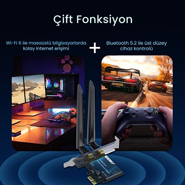 VegGieg AX1800 Wi-Fi 6 Alıcı Ve Bluetooth 5.2 Adaptör 5DB Dual Anten PCIe Wifi Ağ Kartı