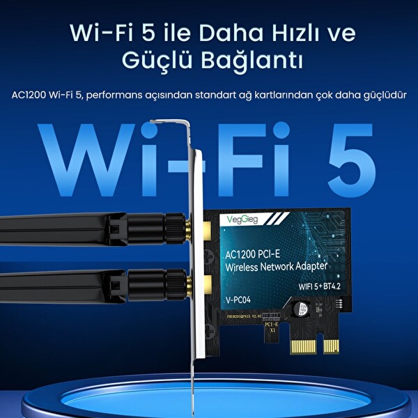 VegGieg AX1200 Wi-Fi 5 Alıcı Ve Bluetooth 4.2 Adaptör 5DB Dual Anten PCIe Wifi Ağ Kartı