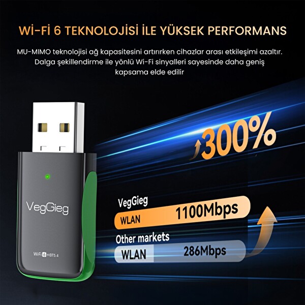 VegGieg 1100 Mbps Dual Band Wi-Fi 6 Alıcı Ve Mini USB Dongle Bluetooth 5.4 Adaptör