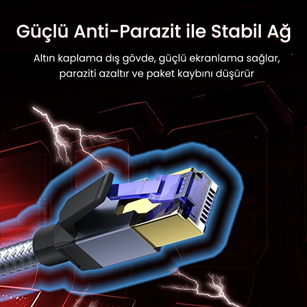 VegGieg CAT8 40Gbps Gigabit FTP 2000Mhz RJ45 Ethernet Ağ Kablosu 3 Metre