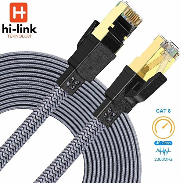 Hi-Link Yüksek Hızlı 40Gbps 2000 Mhz 10 Metre Flat Örgülü Cat8 Ethernet Kablo