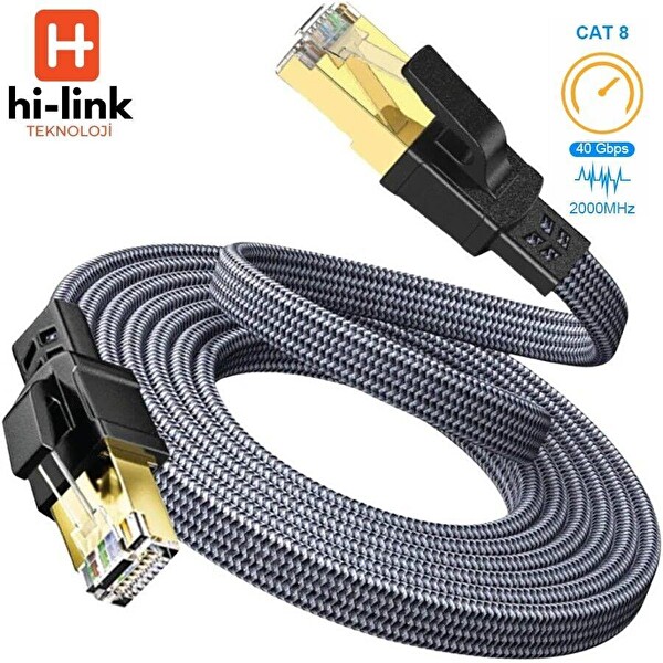 Hi-Link Yüksek Hızlı 40Gbps 2000 Mhz 10 Metre Flat Örgülü Cat8 Ethernet Kablo