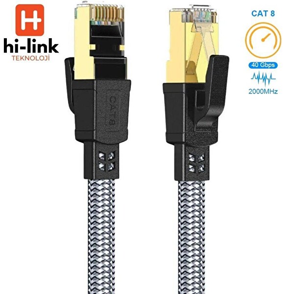 Hi-Link Yüksek Hızlı 40Gbps 2000 Mhz 10 Metre Flat Örgülü Cat8 Ethernet Kablo