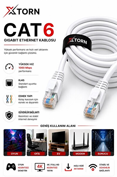 Torn CAT6 Ethernet RJ45 LAN İnternet Modem Router Bilgisayar Kablosu - 15 Metre