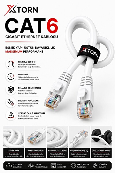 Torn CAT6 Ethernet RJ45 LAN İnternet Modem Router Bilgisayar Kablosu - 50 Metre