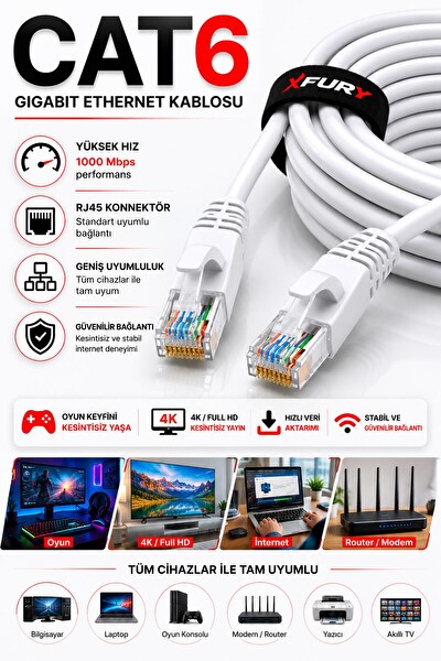Fury CAT6 Ethernet RJ45 LAN İnternet Modem Router Bilgisayar Kablosu - 15 Metre