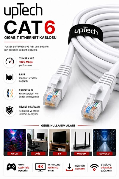 Uptech CAT6 Ethernet RJ45 LAN İnternet Modem Router Bilgisayar Kablosu - 1 Metre