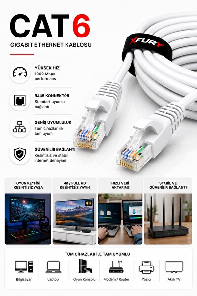Fury CAT6 Ethernet RJ45 LAN İnternet Modem Router Bilgisayar Kablosu - 3 Metre