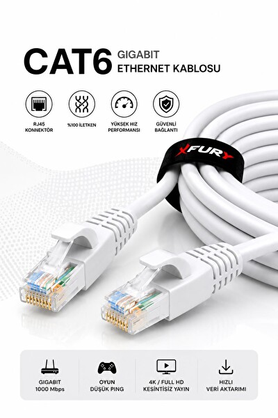 Fury CAT6 Ethernet RJ45 LAN İnternet Modem Router Bilgisayar Kablosu - 30 Metre