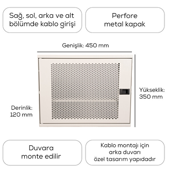 Alfafonet WiFi Box 450 Serisi 450x120x350 MM Mat Beyaz Perfore Metal Kapak Montajlı Duvar Tipi Modem ve WiFi Kutusu
