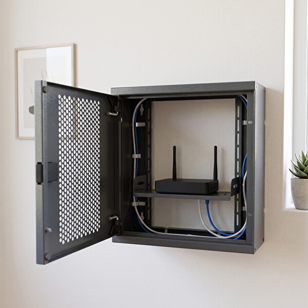 Alfafonet WiFi Box 280 Serisi 280x120x280 MM Antrasit Gri Perfore Metal Kapak Montajlı Duvar Tipi Modem ve WiFi Kutusu