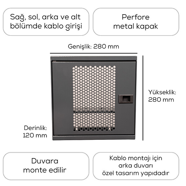 Alfafonet WiFi Box 280 Serisi 280x120x280 MM Antrasit Gri Perfore Metal Kapak Montajlı Duvar Tipi Modem ve WiFi Kutusu