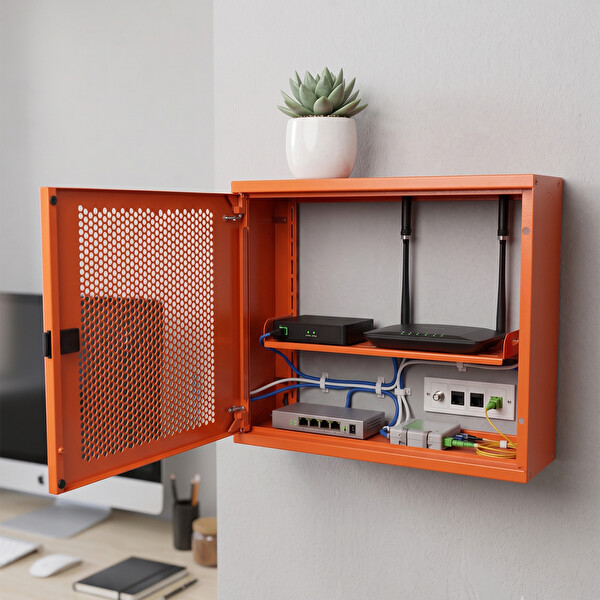 Alfafonet WiFi Box 400 Serisi 400x120x280 MM Turuncu Perfore Metal Kapak Montajlı Duvar Tipi Modem ve WiFi Kutusu
