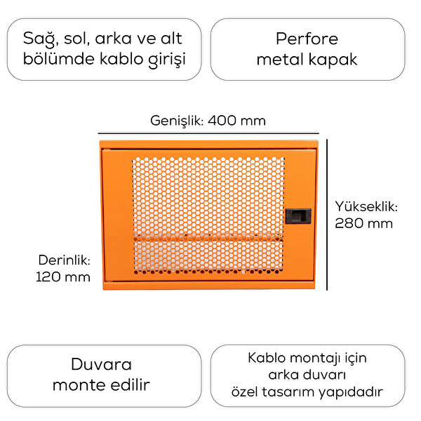 Alfafonet WiFi Box 400 Serisi 400x120x280 MM Turuncu Perfore Metal Kapak Montajlı Duvar Tipi Modem ve WiFi Kutusu