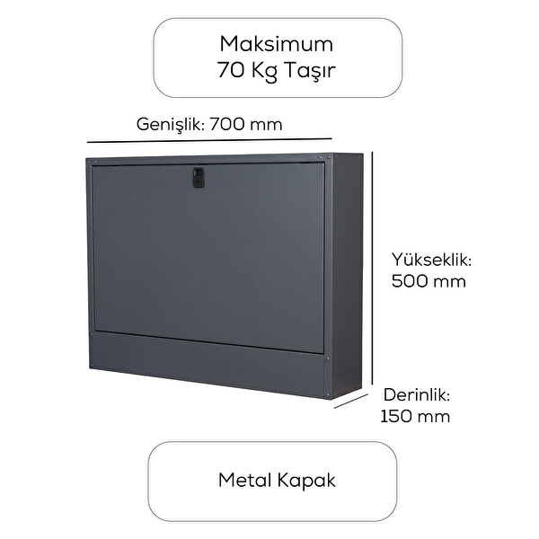 Alfafonet Ziglat 500 Serisi 700x150x500 MM Antrasit Gri 70 KG Taşıma Kapasiteli Duvar Tipi Kilitli Metal Laptop Dolabı