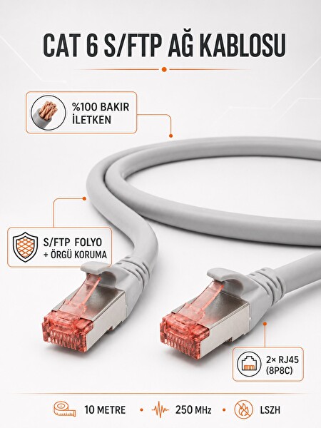 Digitus CAT 6 S/FTP RJ45 10 M 250 MHz LSZH Gri Ethernet Kablosu