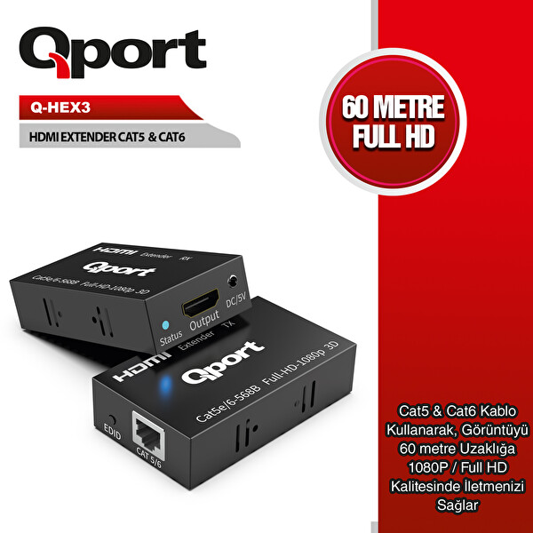 Qport Q-HEX3 HDMI Extender CAT6 60 M 2'li Paket