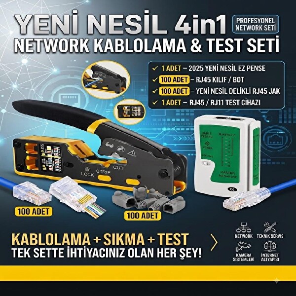 Electroon HT0204 Yeni Nesil 4'ü 1 Arada Network Kablolama ve Test Seti