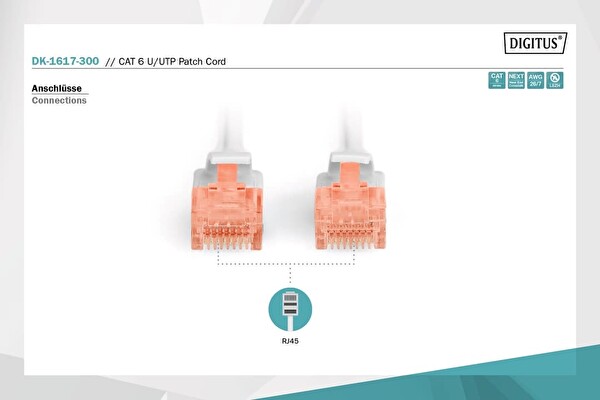 Digitus CAT 6 U-UTP Bağlantı Kablosu 30 Metre Gri Bakır AWG 26/7