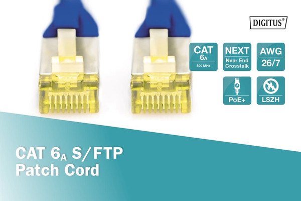 Digitus CAT 6A S-FTP Bakır Ağ Bağlantı Kablosu 50 CM Mavi LSZH AWG 26/7