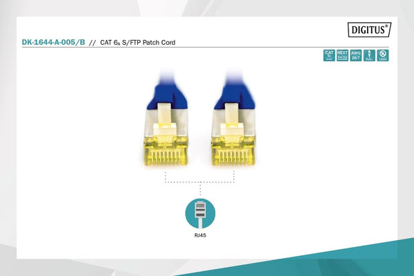 Digitus CAT 6A S-FTP Bakır Ağ Bağlantı Kablosu 50 CM Mavi LSZH AWG 26/7