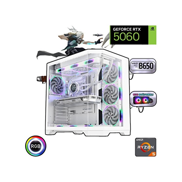Güneysu AMD Ryzen 5 7500F 32 GB DDR5 RAM 1 TB SSD RTX5060 B650 Anakart 240MM Sıvı Soğutma FreeDOS Beyaz Masaüstü Oyun Bilgisayarı