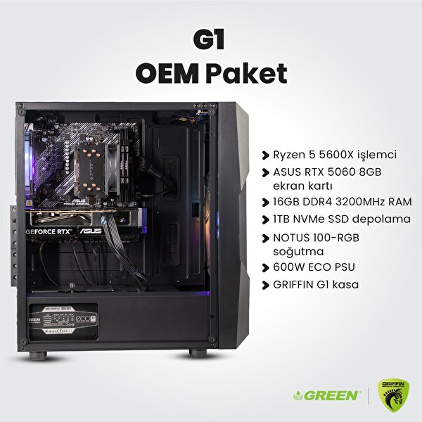 Green RTX 5060 Ryzen 5 5600X 16GB RAM 1TB SSD Hazır Gaming PC