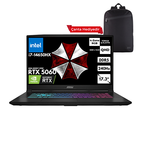 Katana 17 HX i7-14650HX 16 GB RAM 4 TB SSD RTX5060 17.3" W10 Home Gaming Laptop-Sırt Çantası B14WFK-215XTRHMF71