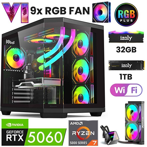 İzoly T52 AMD Ryzen 7 5700X 32 GB RAM 1 TB M.2 NVMe SSD 8 GB RTX5060 240MM Sıvı Soğutma FreeDOS Masaüstü Oyun Bilgisayarı