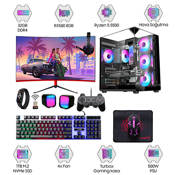 Turbox Tx6391 Ryzen 5 5500 32 GB 1 TB NVMe SSD 8 GB RX580 23.8