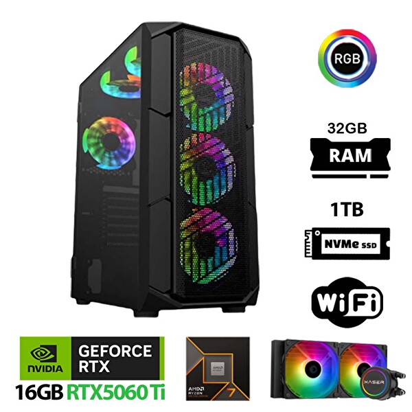 Xaser Thunder x870 Ryzen 7 7800X3D 32 GB RAM DDR5 1 TB SSD M.2 Nvme 16 GB RTX5060Ti Sıvı Soğutmalı FreeDOS Oyuncu Bilgisayarı