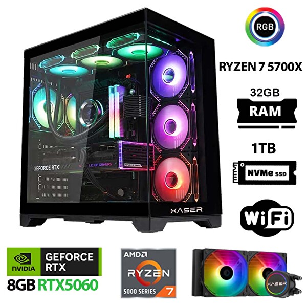 Xaser Sword X50 Ryzen 7 5700X 32 GB RAM 1 TB SSD M.2 Nvme 8GB RTX5060 Sıvı Soğutmalı FreeDOS Oyuncu Bilgisayarı