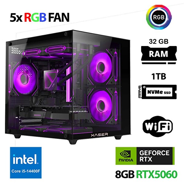 Xaser Cube X190 i5 14400F 32GB DDR5 Ram 1TB M.2 NVMe SSD 8GB RTX5060 Oyuncu Tavsiye Sistem