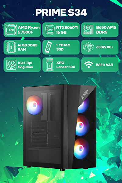 Game Garaj Prime S34 AMD Ryzen 5 7500F 16GB RAM 1TB SSD RTX5060Ti 16GB FreeDOS Oyuncu OEM Paket