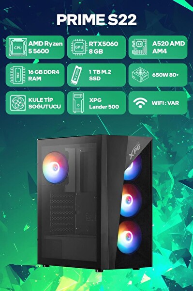 Game Garaj Prime S22 AMD Ryzen 5 5600 16GB RAM 1TB SSD RTX5060 FreeDOS Oyuncu OEM Paket