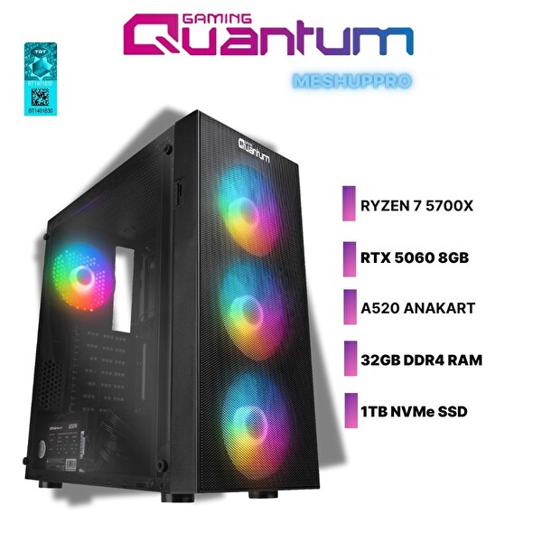 Quantum Gaming MeshupPro EV1812 Ryzen 7 5700X 32GB DDR4 1TB NVMe MSI RTX5060 8GB FreeDOS Gaming Masaüstü