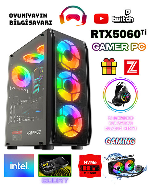 Zeiron Ayvass X5 Intel Core i5 14400F 32GB RAM 1TB M.2 NVMe SSD 8GB GDDR7 RTX5060Ti Sıvı Soğutmalı Gaming Masaüstü