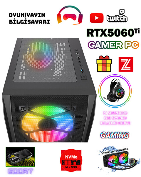Zeiron Ayvass X5 Intel Core i5 14400F 32GB RAM 1TB M.2 NVMe SSD 8GB GDDR7 RTX5060Ti Sıvı Soğutmalı Gaming Masaüstü