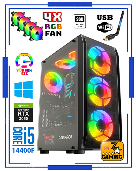 Zeiron Anubis Rtx6 Intel Core i5 14400F 16GB Ddr4 RAM 512GB M.2 NVMe SSD 8GB RTX3050 Oyuncu Masaüstü Bilgisayar