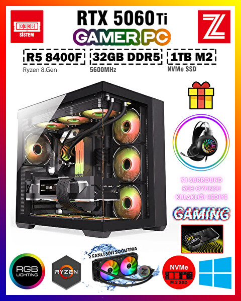Zeiron Edus X14 Ryzen 5 8400F Ddr5 32GB 5600MHZ RAM 1TB M.2 NVMe SSD 8GB GDDR7 RTX5060Ti Sıvı Soğutmalı Gaming
