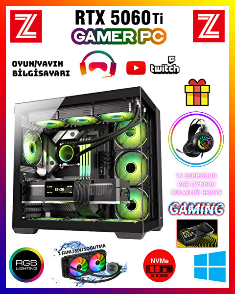 Zeiron Edus X14 Ryzen 5 8400F Ddr5 32GB 5600MHZ RAM 1TB M.2 NVMe SSD 8GB GDDR7 RTX5060Ti Sıvı Soğutmalı Gaming