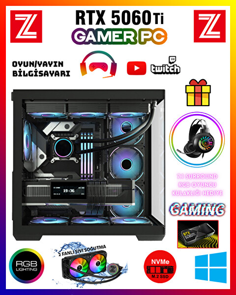Zeiron Edus X14 Ryzen 5 8400F Ddr5 32GB 5600MHZ RAM 1TB M.2 NVMe SSD 8GB GDDR7 RTX5060Ti Sıvı Soğutmalı Gaming