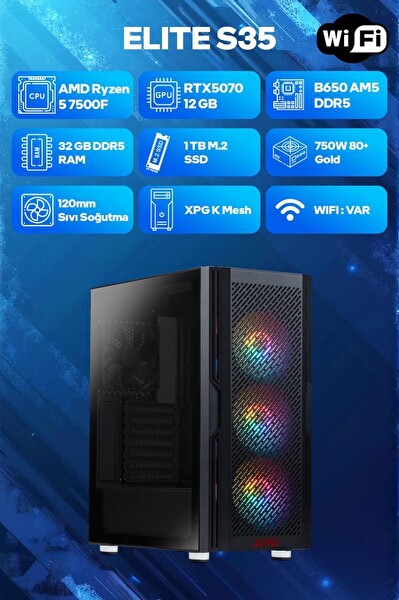 Game Garaj Elite S35 AMD Ryzen 5 7500F 32GB RAM 1TB SSD RTX5070 120mm Sıvı Soğt FreeDOS Oyuncu OEM Paket