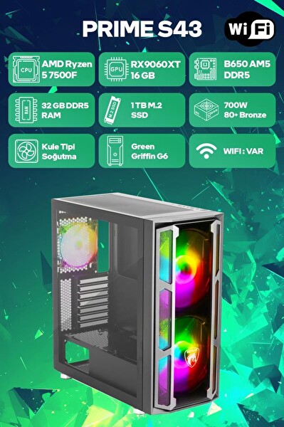 Game Garaj Prime S43 AMD Ryzen 5 7500F 32GB RAM 1TB SSD RX9060XT 16GB FreeDOS Oyuncu OEM Paket