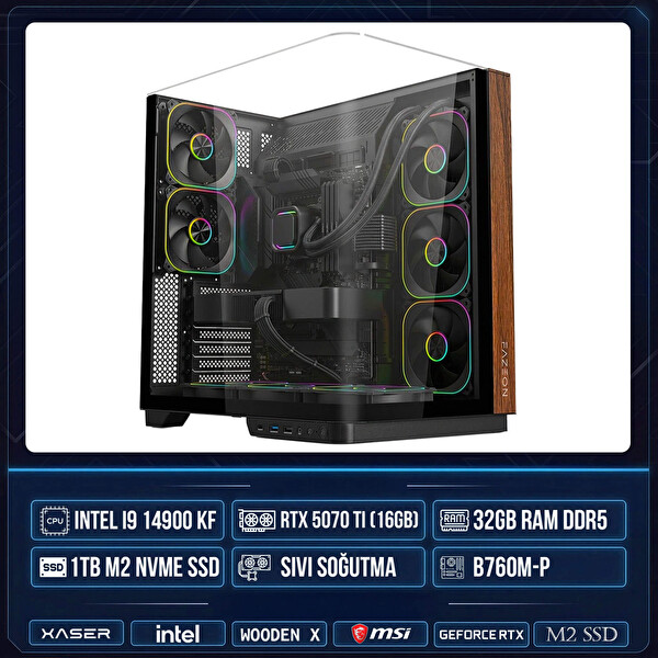 Xaser WOODEN X260 i9 14900KF 32GB DDR5 RAM 1TB M.2 NVMe SSD 16GB RTX5070 Ti Sıvı Soğutmalı Oyuncu OEM Bilgisayar