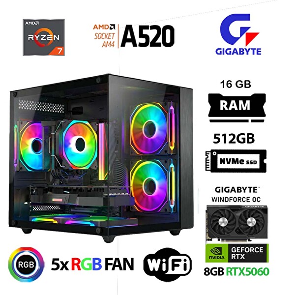 Xaser Giga X10 Ryzen 7 5700X 16GB RAM 512GB M.2 NVMe SSD 8GB RTX5060 Gigabyte Oyuncu OEM Paket
