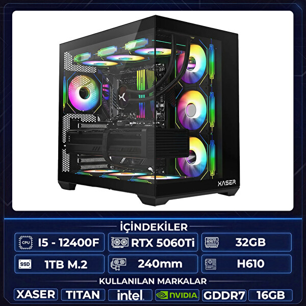 Xaser Thor X50 i5 12400F 32GB RAM 1TB M.2 NVMe SSD 16GB RTX5060Ti Sıvı Soğutmalı Oyuncu Hazır Tavsiye Sistem
