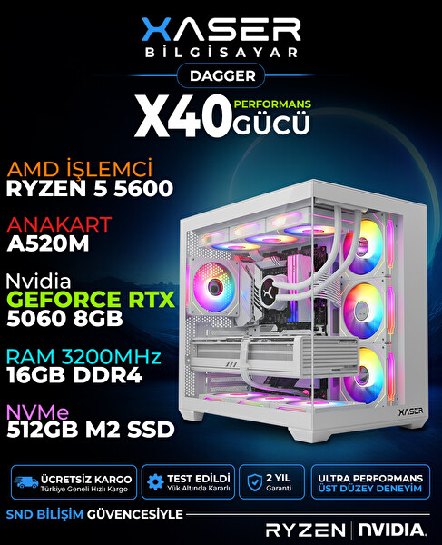 Xaser Dagger X40 Ryzen 5 5600 16GB RAM 512GB M.2 NVMe SSD 8GB RTX5060 Sıvı Soğutmalı Oyuncu Bilgisayarı