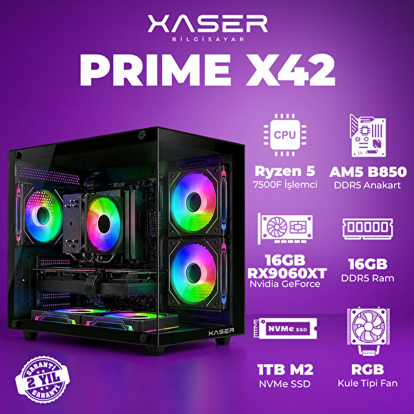 Xaser Prime x42 Ryzen 5 7500F 16 GB DDR5 Ram 1TB M.2 NVMe SSD 16GB RX9060XT FreeDOS Masaüstü Oyuncu Bilgisayarı